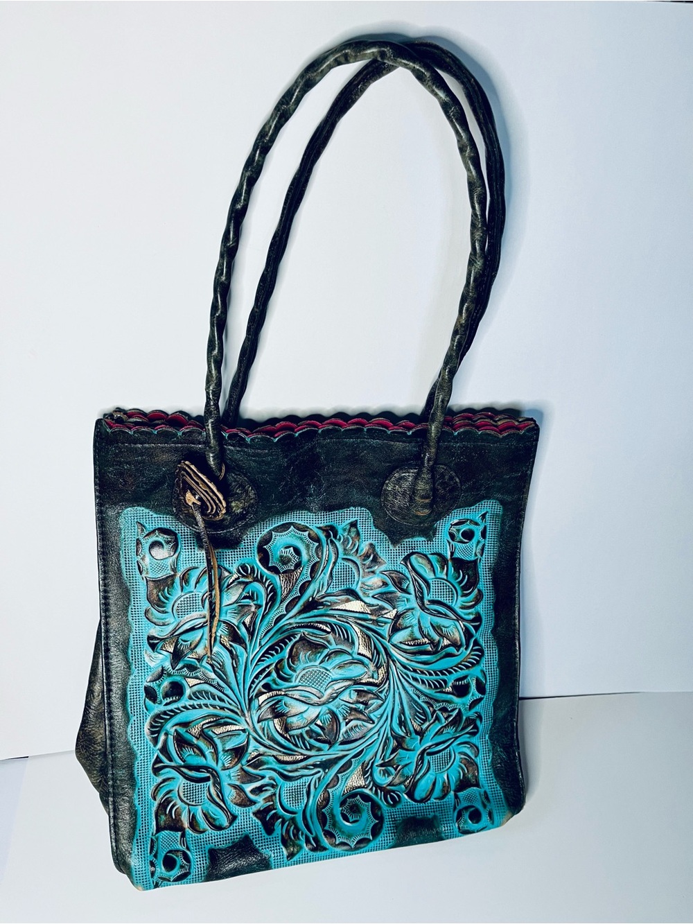Patricia Nash Cavo Tooled Leather Tote Bag - Turquoise As Is - READ DESCRIPTION